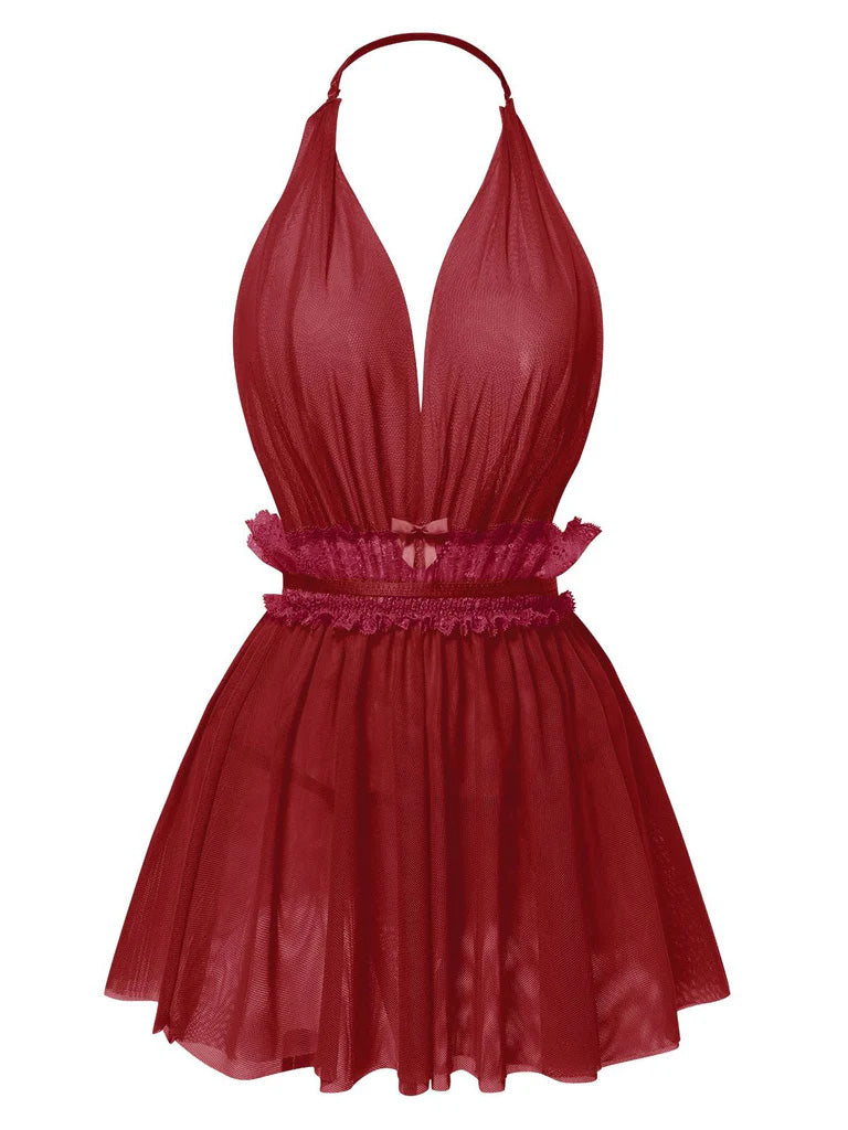 1950er Spitze Netz Tief V-Ausschnitt Halter Nachthemd