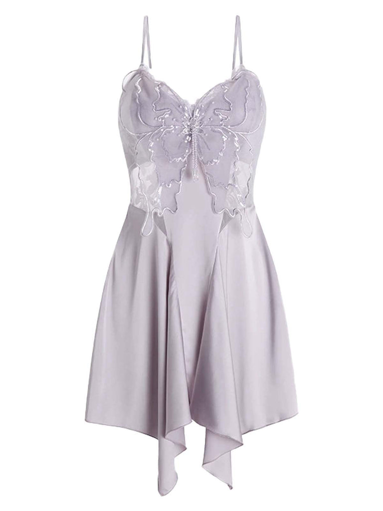 Lavendel 1970er Spitze Patchwork Schmetterling Nachthemd