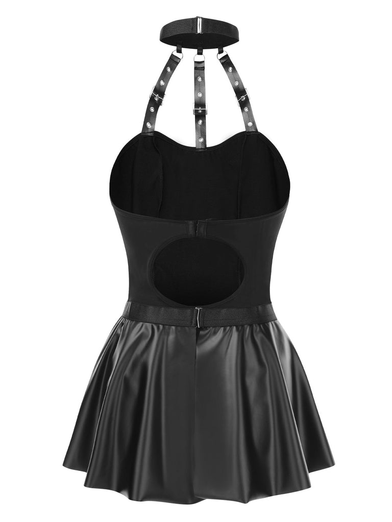 2PCS Schwarz 1980er Gothic PU Leder Halter Top & Rock