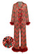 Rot 1950er Stechpalme & Candy Streifen Feder Pajama Set