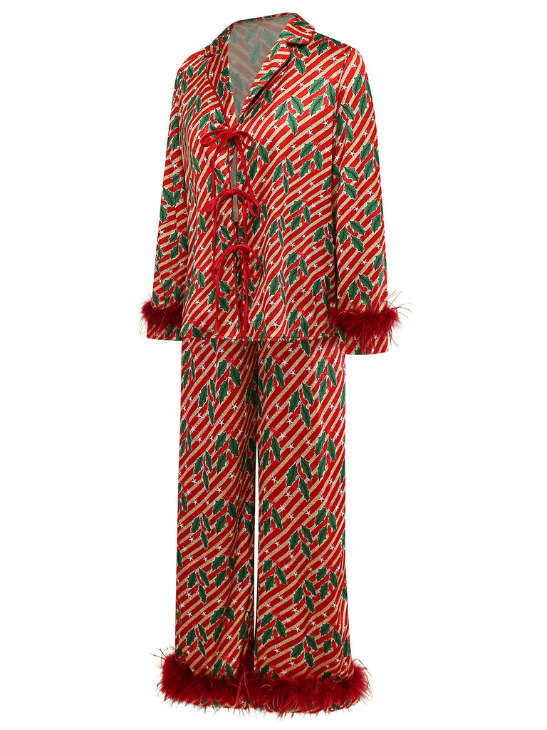 Rot 1950er Stechpalme & Candy Streifen Feder Pajama Set