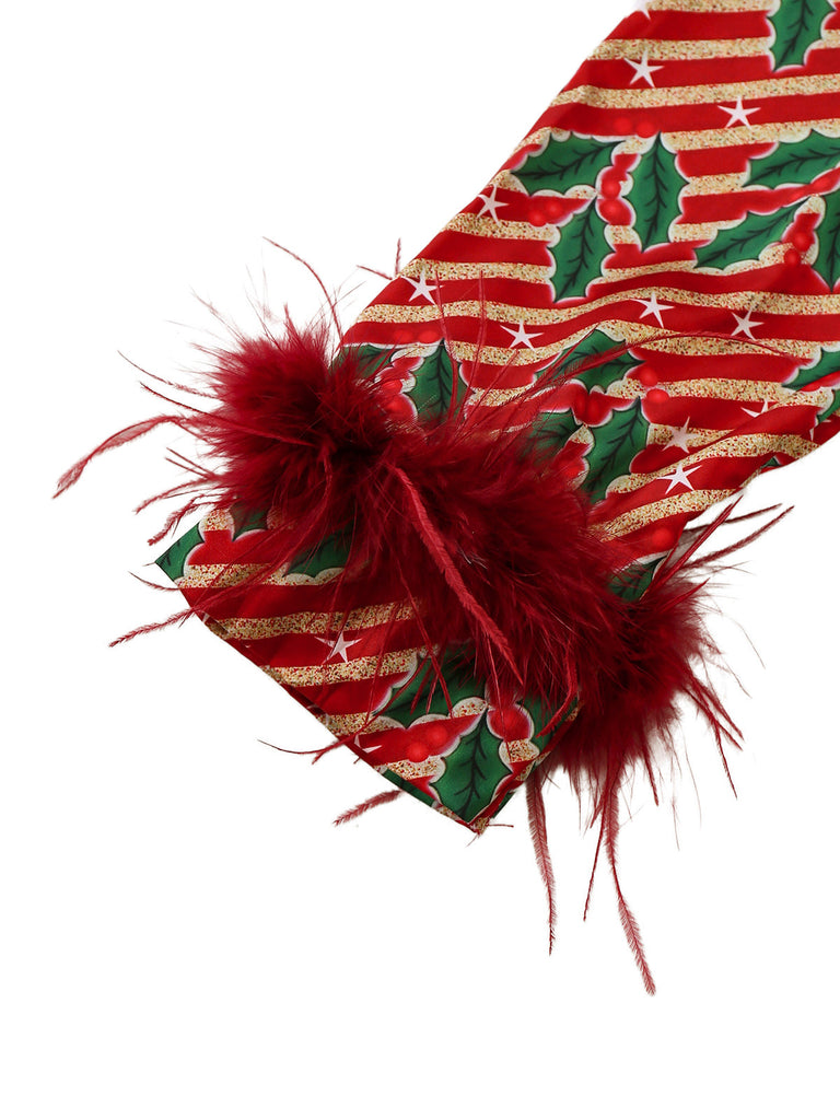 Rot 1950er Stechpalme & Candy Streifen Feder Pajama Set