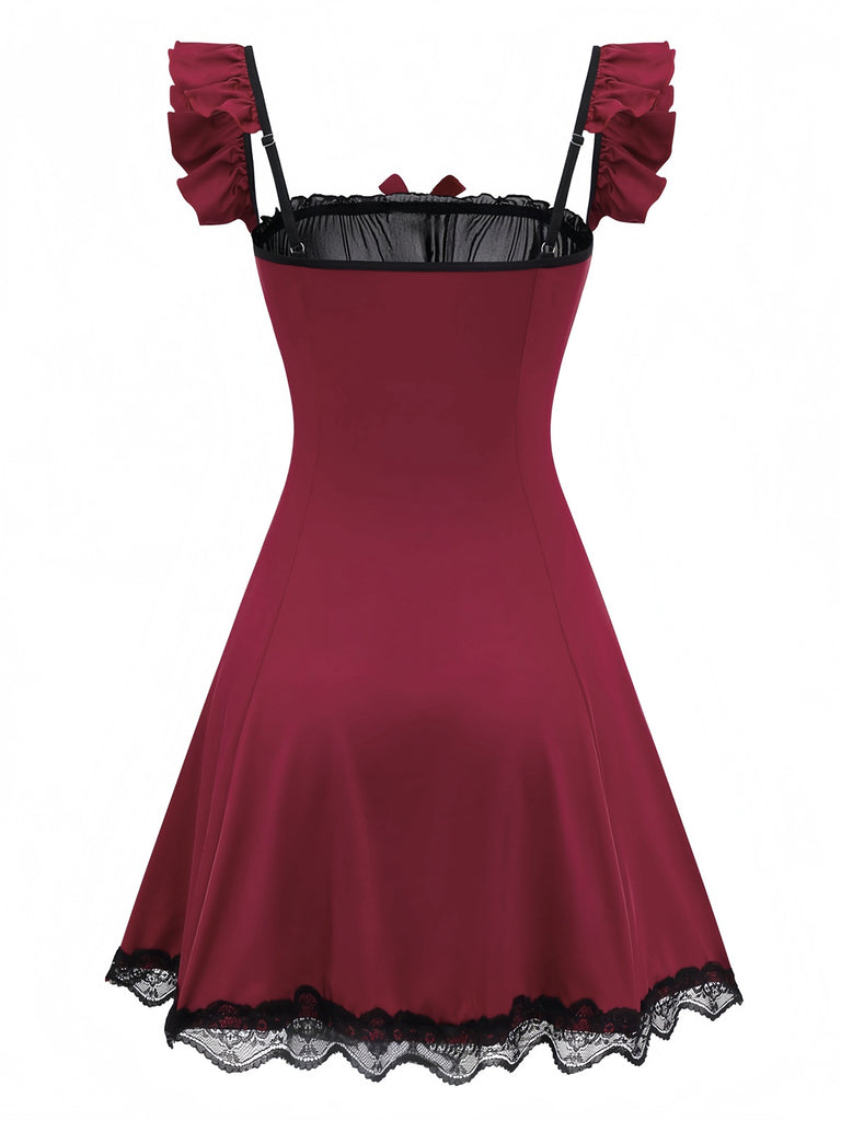 Rot 1960er Bogen Spitze Patchwork Rüschen Nachthemd