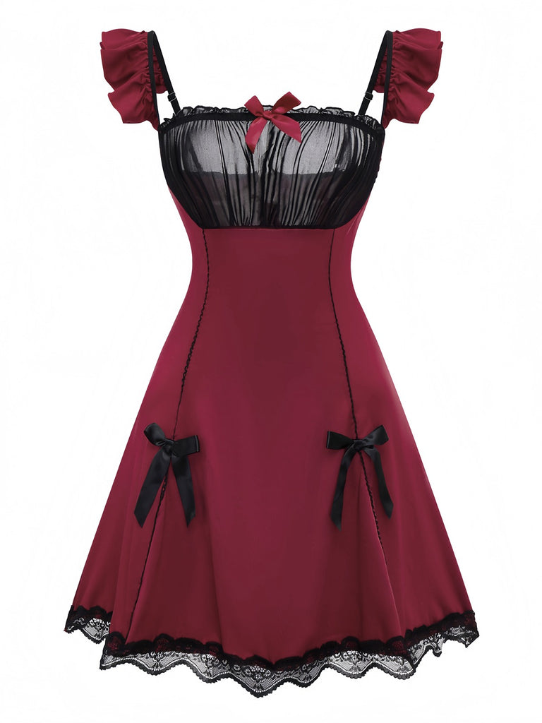 Rot 1960er Bogen Spitze Patchwork Rüschen Nachthemd