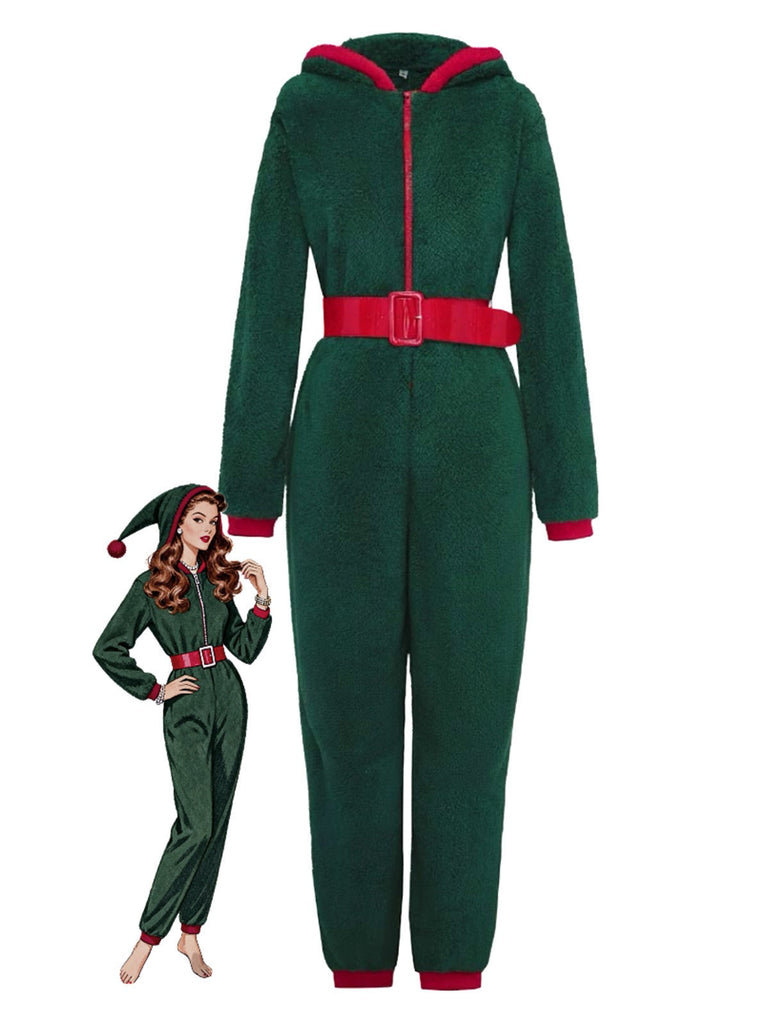 Grün 1970er Weihnachten Sherpa Hooded Jumpsuit Pyjama
