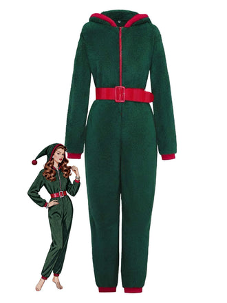 Grün 1970er Weihnachten Sherpa Hooded Jumpsuit Pyjama
