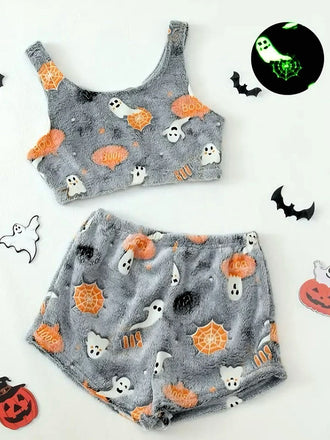 2PCS Grau 1970er Halloween Glühend Flanell Pyjama Set