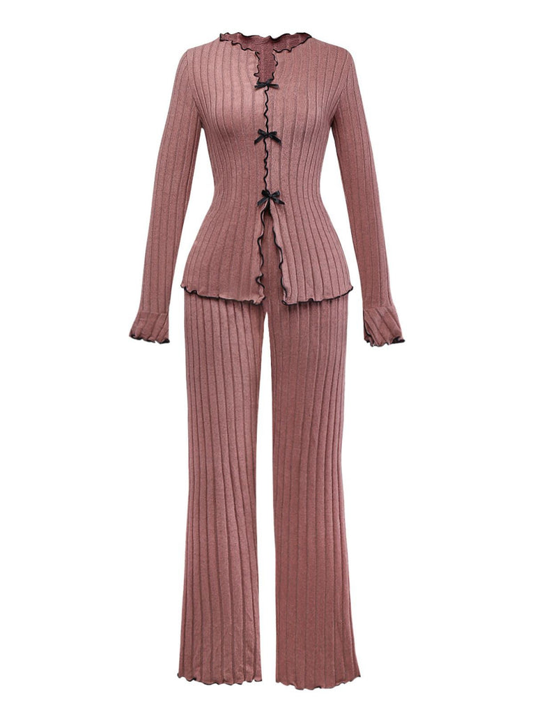 1950er Bogen Stricken Rüschen Lang Pyjama Set