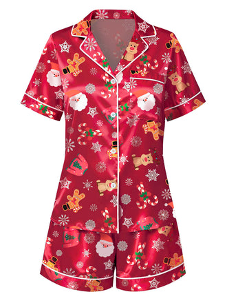 Rot 1950er Revers Weihnachten Pyjama Set