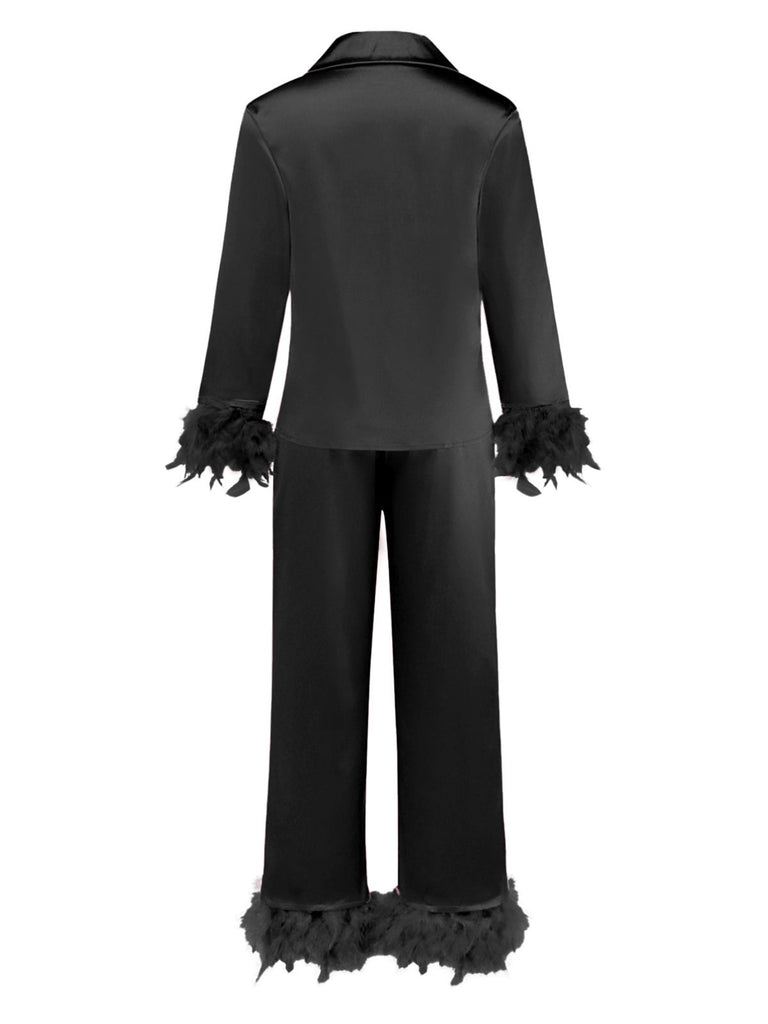 1930er Solide Federbesatz Satin Pyjama Set