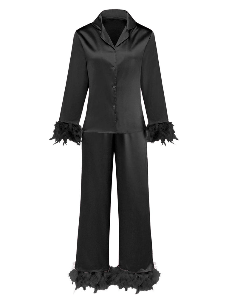 1930er Solide Federbesatz Satin Pyjama Set