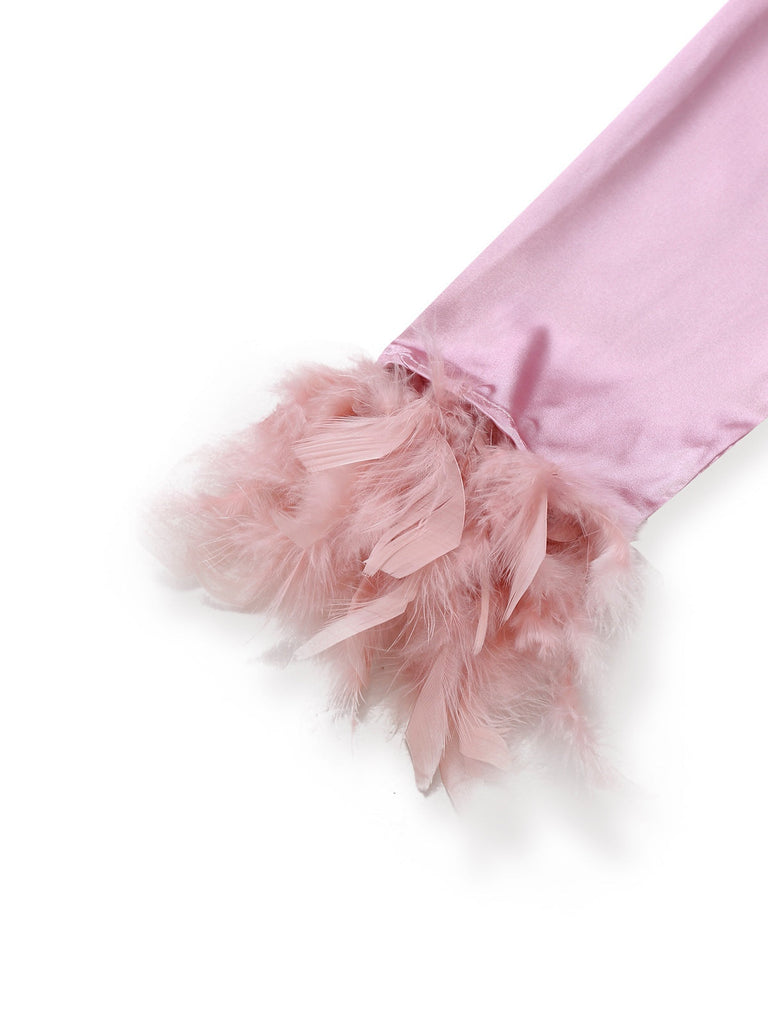 1930er Solide Federbesatz Satin Pyjama Set