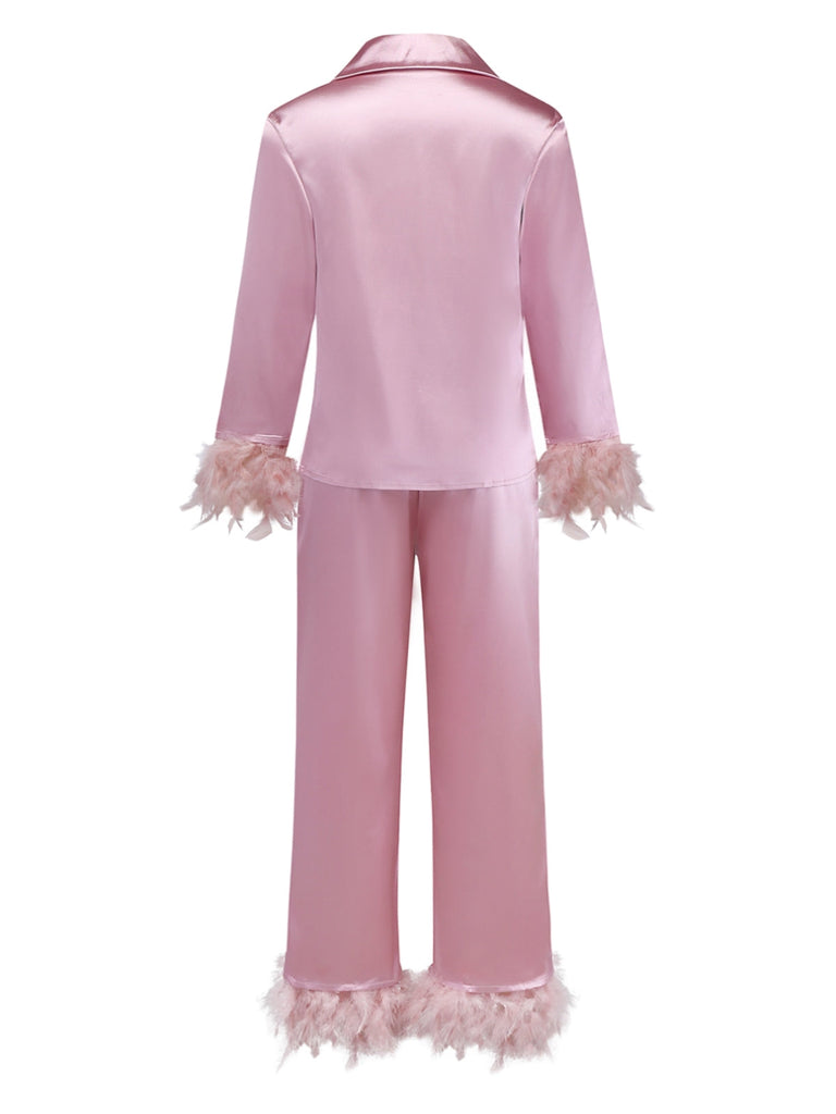 1930er Solide Federbesatz Satin Pyjama Set
