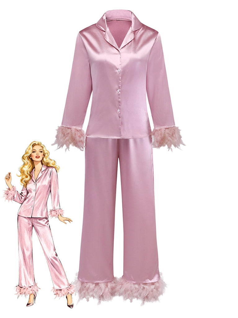1930er Solide Federbesatz Satin Pyjama Set