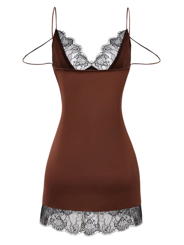 [Vorverkauf] Braun 1960er Satin Netz Patchwork Slip Nachthemd