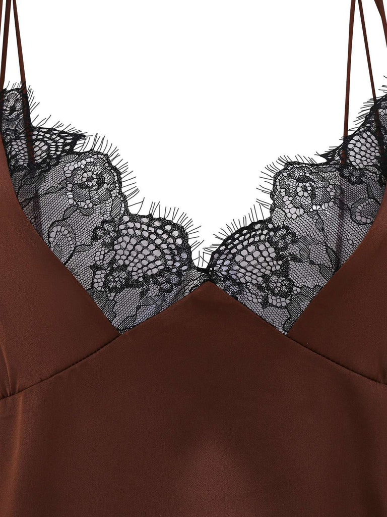 [Vorverkauf] Braun 1960er Satin Netz Patchwork Slip Nachthemd