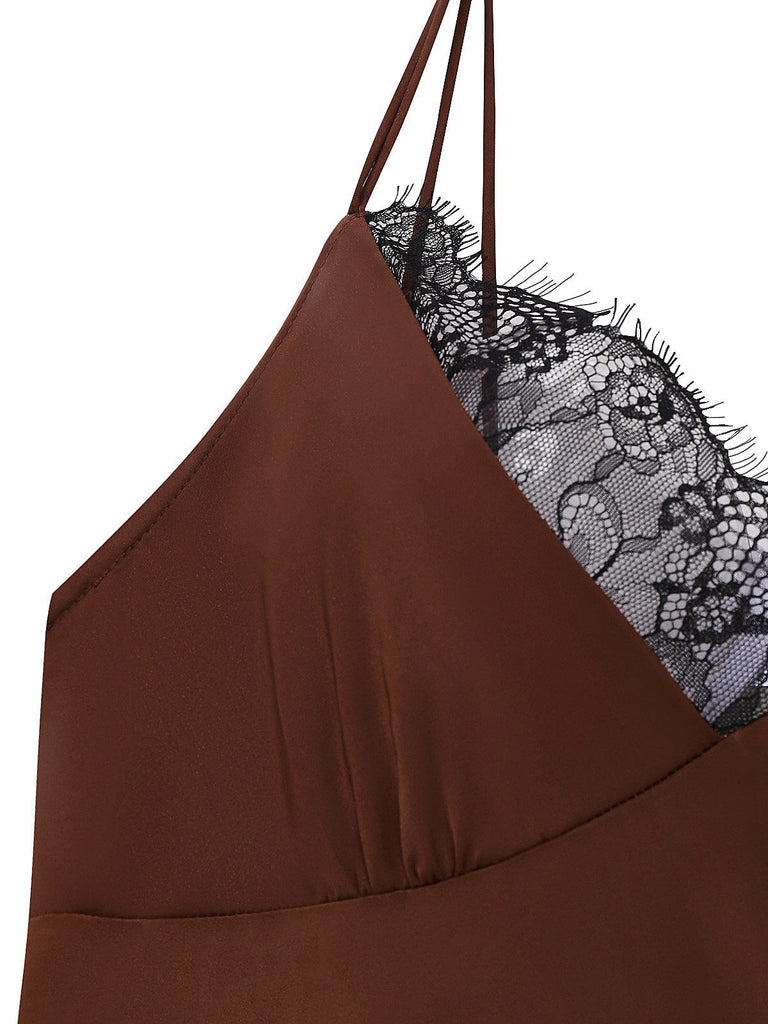 [Vorverkauf] Braun 1960er Satin Netz Patchwork Slip Nachthemd