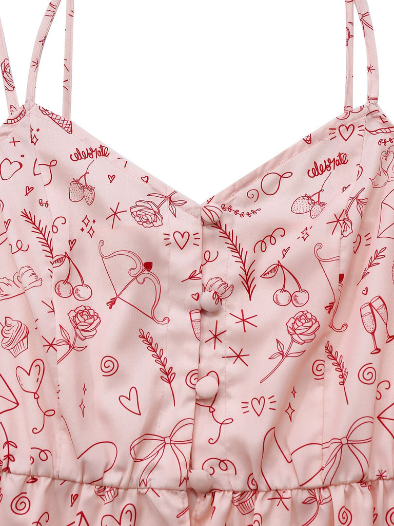 [Vorverkauf] Rosa 1970er Valentinstag Spitze Unterhemd Pajama Set