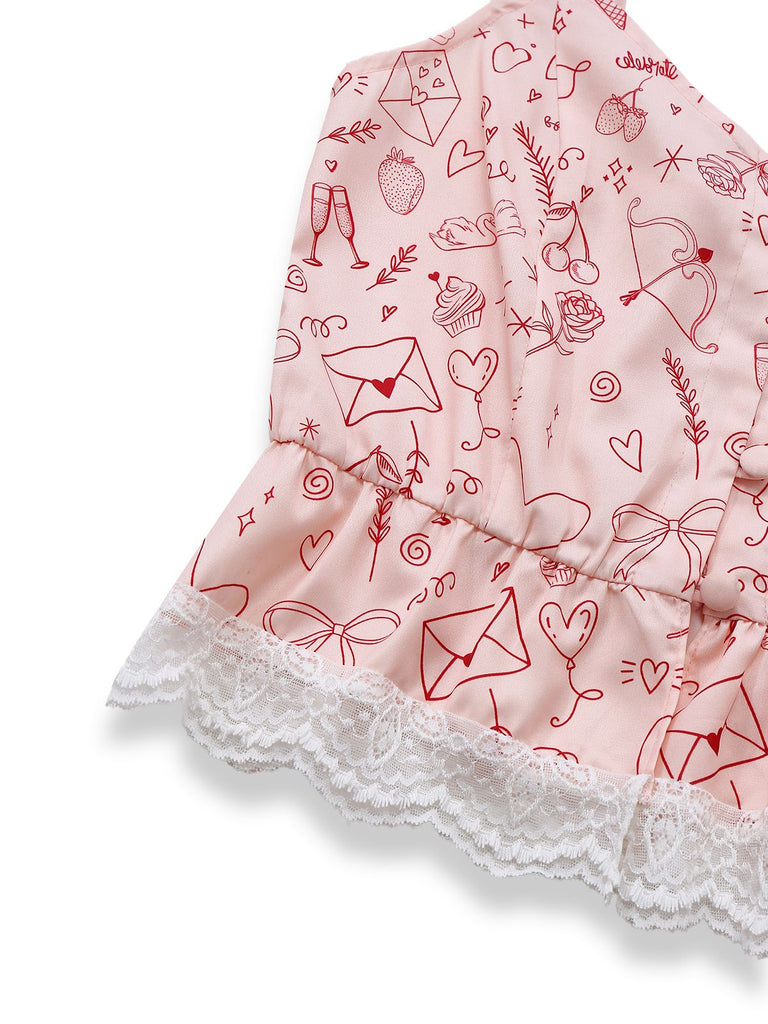 [Vorverkauf] Rosa 1970er Valentinstag Spitze Unterhemd Pajama Set