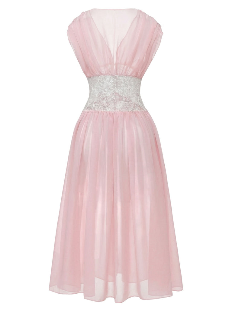 [Vorverkauf] Rosa 1930er Netz Plissiertes Spitze Taille Nachtwäsche