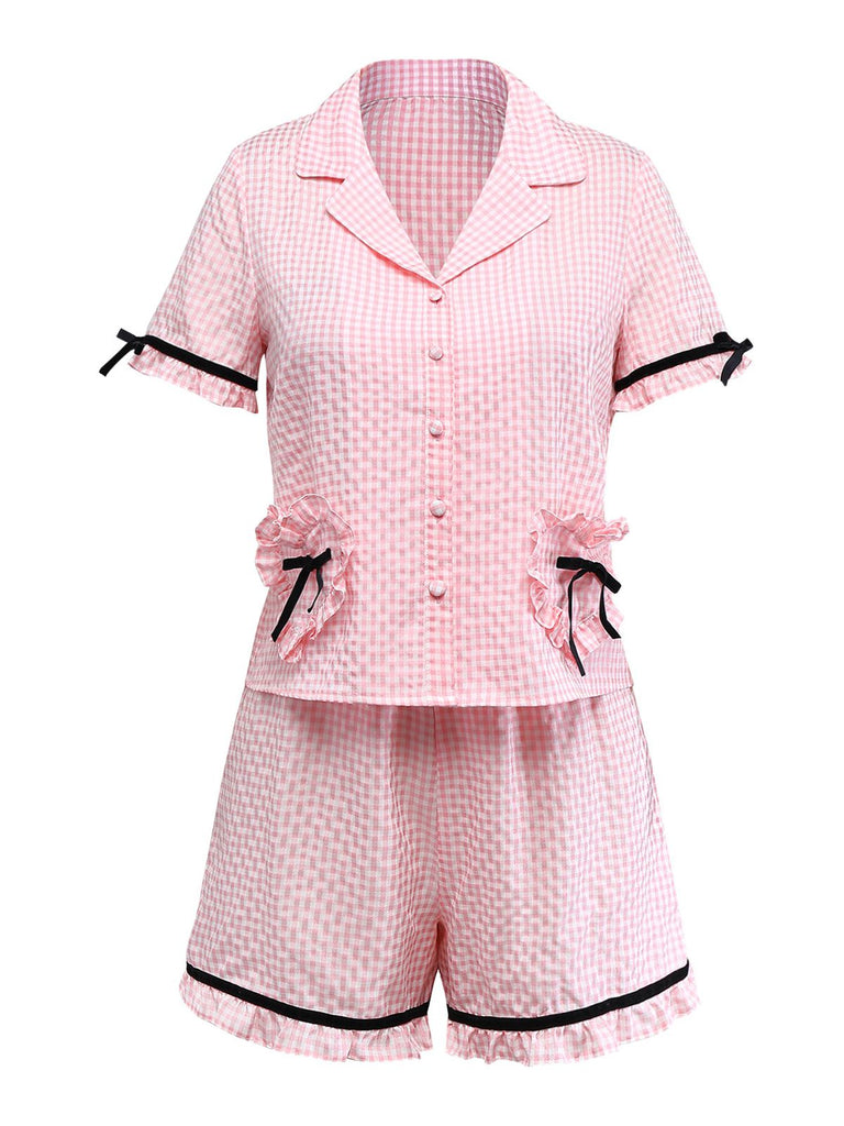 [Vorverkauf] Rosa 1950er Herz Rüschen Vichy Bogen Bänder Pyjama Set