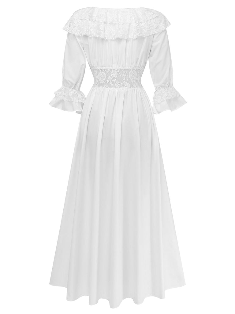 [Vorverkauf] Weiß 1960er Victoria Baumwolle Puffärmel Maxi Nachthemd