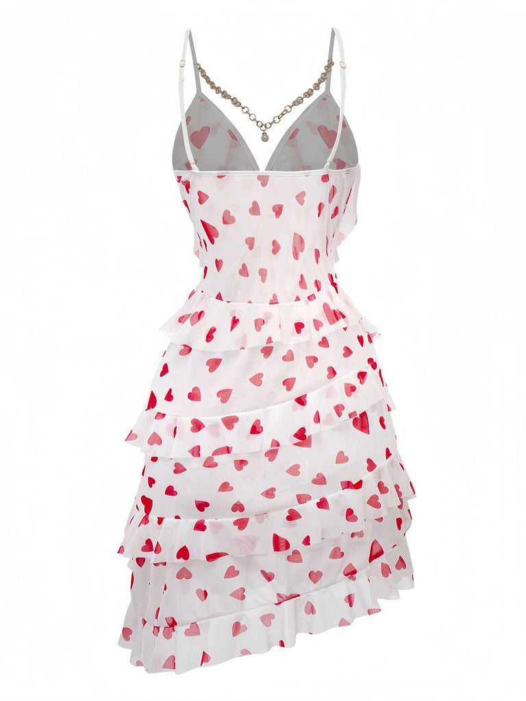 Rot 1960er Herz Rüschen Netz Slip Nachthemd