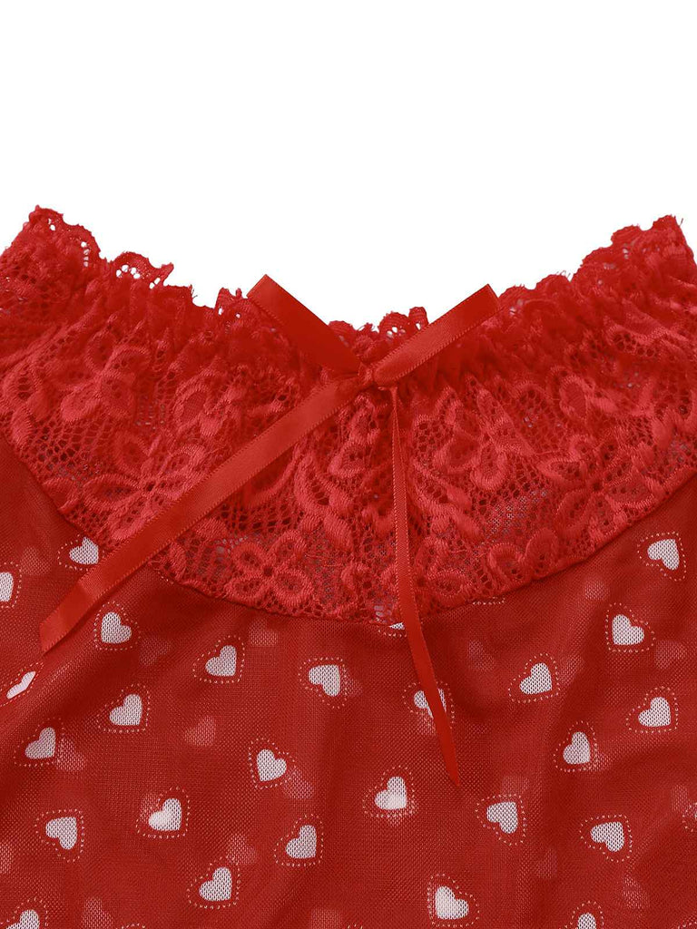 2PCS Rot 1960er Herz Bogen Rüschen Valentinstag Pyjama