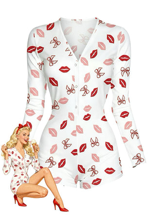 1980er V-Ausschnitt Herz Slip Drucken Romper Pajama