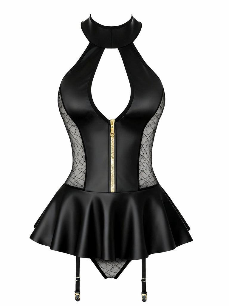 Schwarz 1960er Lackleder Durchsichtig Sexy Mini Kleid