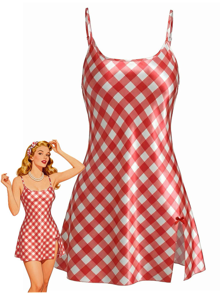 Rot 1960er Slip Satin Vichy-Karo Seiten Schlitz Nachthemd