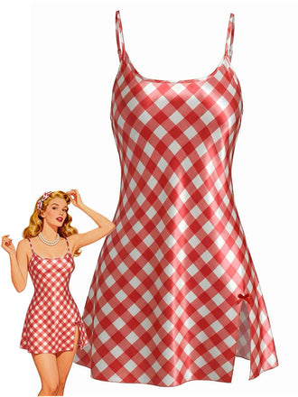 Rot 1960er Slip Satin Vichy-Karo Seiten Schlitz Nachthemd