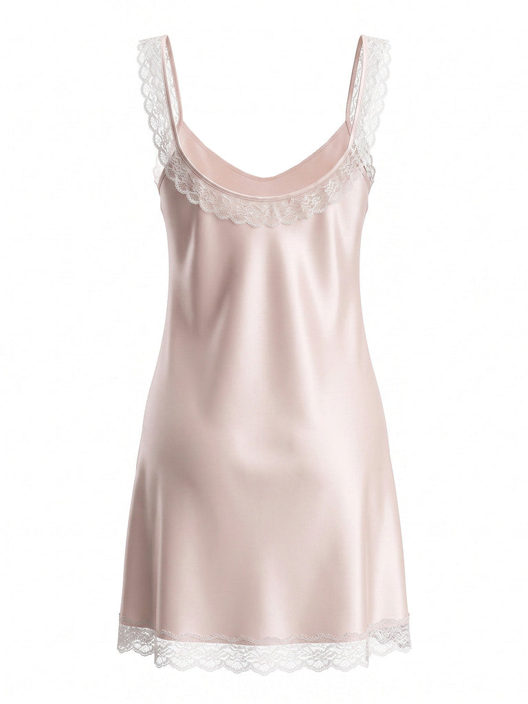Rosa 30er Satin-Nachthemd mit Rundhalsausschnitt und Spitze