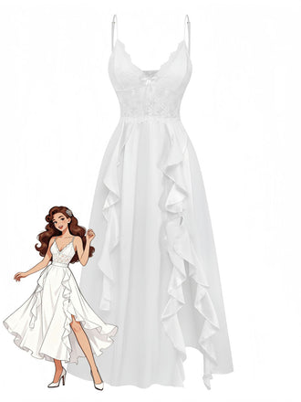 50er Satin-Nachtkleid mit Spitze und Spaghettiträgern