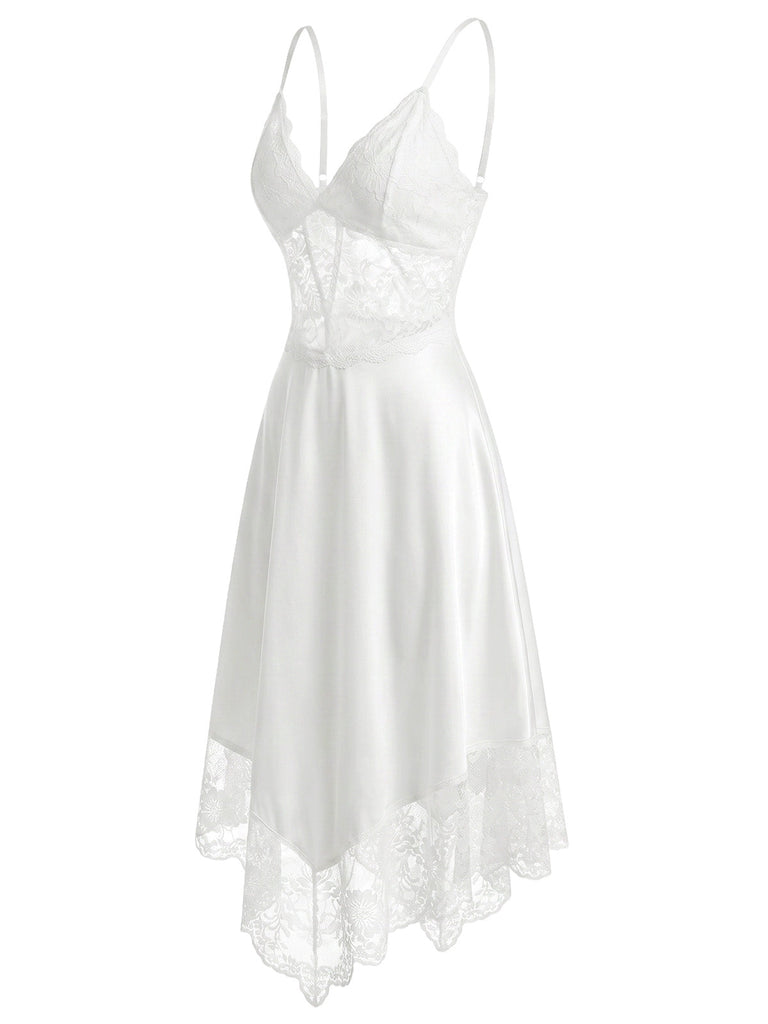 Weiß 30er Satin-Nachthemd mit Spitze