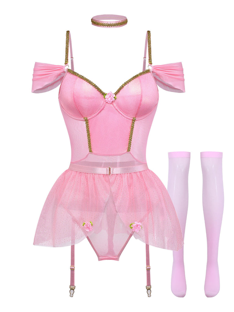 Rosa 60er Dessous-Set mit Glitzer und Tutu-Body