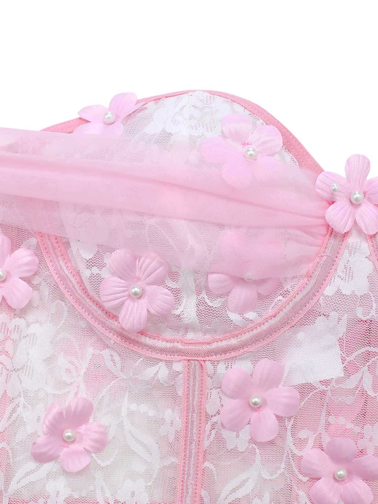 Rosa 60er schulterfreies Schlafanzug-Set mit Blumen und Spitze