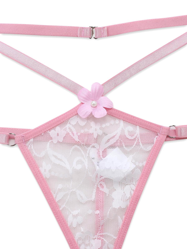Rosa 60er schulterfreies Schlafanzug-Set mit Blumen und Spitze