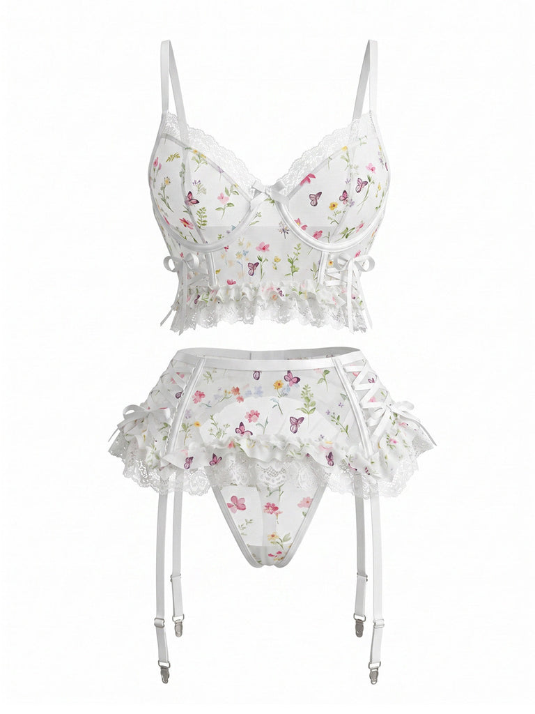 Weiße 50er Strümpfe mit Blumen und Spitze