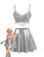 Silbernes 50er Cami-Top & Minirock Set mit Pailletten und Fransen