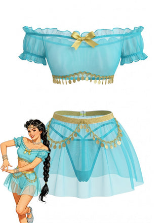 Blaues 50er Pyjama-Set aus transparentem Mesh