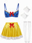 Blau-Gelbes 50er Dollcore-Dessous-Set mit Schleifen und Strümpfen