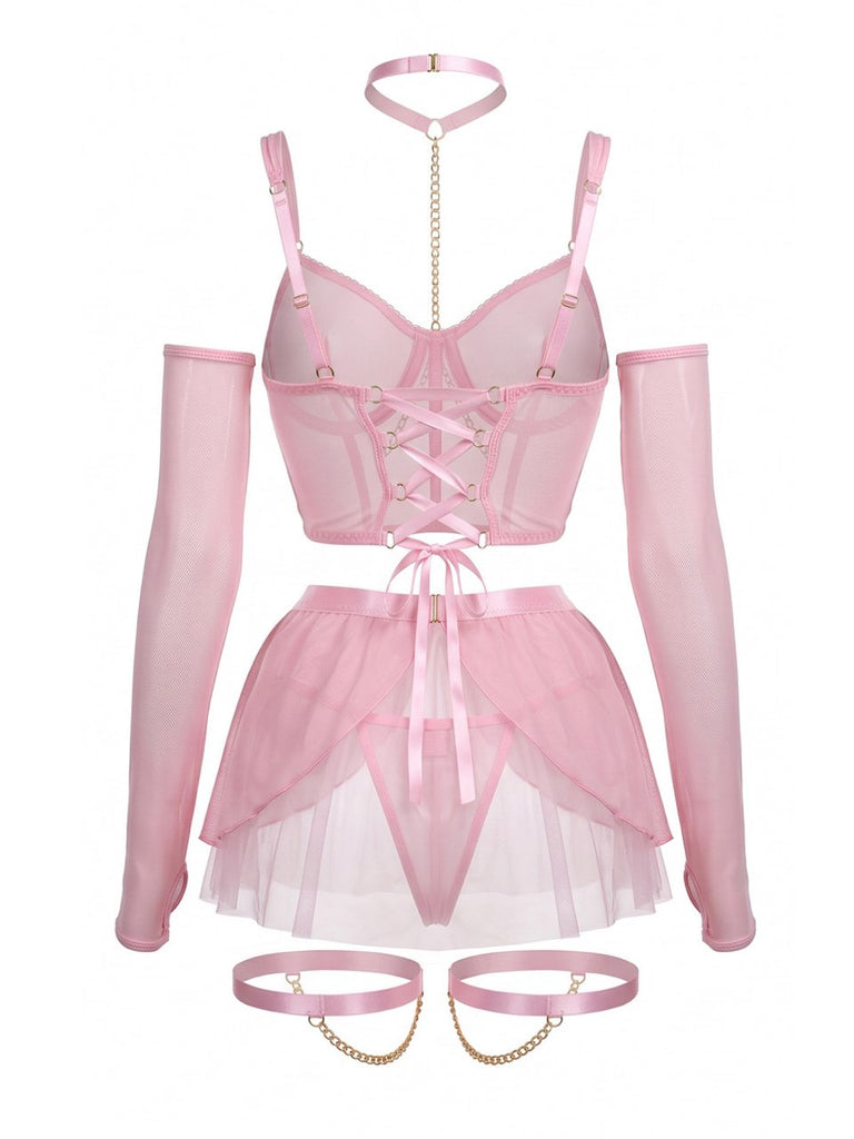 Rosa 80er Mesh-Dessous-Set mit Ketten und Choker