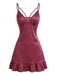 Burgunderrotes 40er Satin-Nachtkleid mit Polka-Dots und Rüschensaum