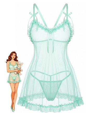 70er Babydoll-Nachthemd aus transparenter Spitze
