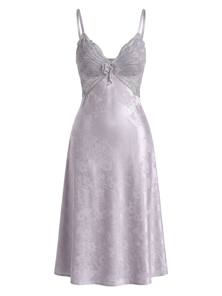 Lila 40er Satin-Nachthemd mit Blumen und Schmetterling