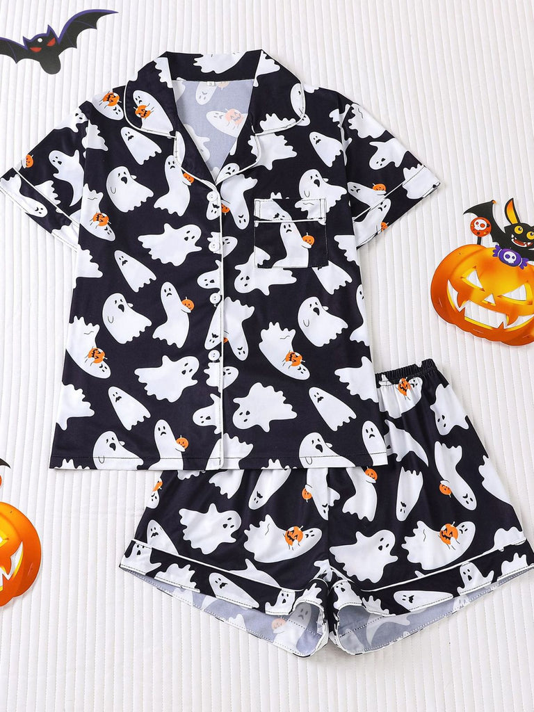 Schwarzer 50er Halloween-Pyjama mit Geisterprint