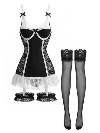 Schwarzes 80er Spitzen-Dessous-Set mit Strumpfhaltern