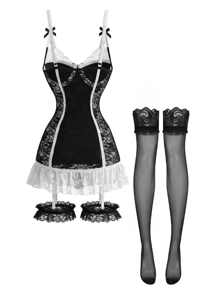 Schwarzes 80er Spitzen-Dessous-Set mit Strumpfhaltern