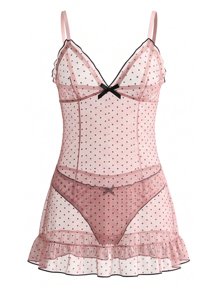 80er Mesh-Babydoll mit Punkten, Schleife und Rüschen